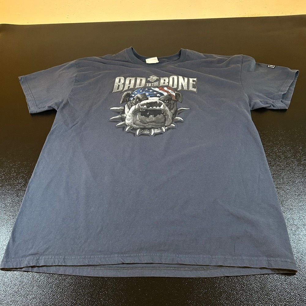Harley-Davidson Bad to the Bone Graphic T-Shirt Bulldog Biker Y2K Blue Mens 2XL